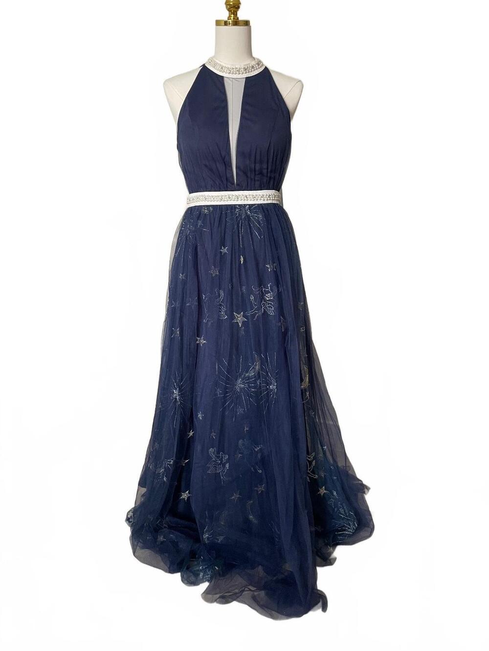 Giffniseti navy tulle evening gown with celestial embroidery